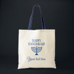 Happy Hanukkah Jewish Holiday menorah custom Tragetasche<br><div class="desc">Happy Hanukkah Jewish Holiday menorah custom canvas tote bag. Custom gift idea for family gathering,  reunion party,  celebrations and more. Blue and white design with religious icon.</div>