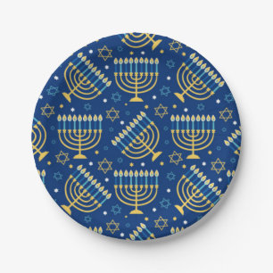 Happy Hanukkah Jewish Star Menorah Blue Paper Plat Pappteller