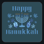 Happy Hanukkah jüdisches Festival Menorah Dreidel Quadratischer Aufkleber<br><div class="desc">Happy Hanukkah lustige jüdische Ferienaufkleber mit Schneeflocken,  Menorah und dreidel.</div>