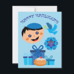 🕎 Happy Hanukkah, Junge, anpassbare Texte Karte<br><div class="desc">Happy Hanukkah,  glückliche Kinder mit Geschenken,  Donuts,  Tauben auf weißem Hintergrund</div>