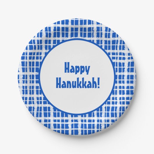 Happy Hanukkah! Kariert Blau und Weiß gestrichen Pappteller (Vorderseite)