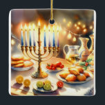 Happy Hanukkah Keramikornament<br><div class="desc">Hanukkah Aquarellbild. Ein wunderschön gestaltetes Set für eine festliche Feier mit einer traditionellen Menorah mit Kerzen. Das weiche,  warme Licht,  die Dekoration der Ferien verleiht dem Ganzen eine Touch Beifall. Warme Lichter schaffen eine gemütliche und einladende Atmosphäre.</div>