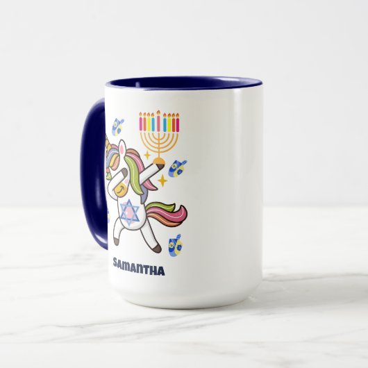 Happy Hanukkah, lustiges Ding Unicorn Tasse (Vorderseite Links)