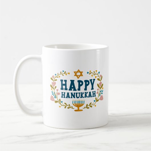 HAPPY HANUKKAH Menorah blumenjüdischer Urlaub Kaffeetasse (Links)