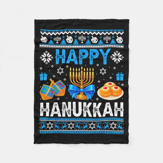 Happy Hanukkah Menorah Dreidel Ugly Chanukah Pajam Fleecedecke (Vorderseite)