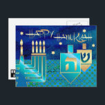 Happy Hanukkah. Menorah & Dreidels Feiertagspostkarte<br><div class="desc">Happy Hanukkah. Eleganter festlicher Star von David,  Menorah und Dreidels Design mit goldenen Folienverzierungen Postkarten. Matching Karten und Geschenke verfügbar in der jüdischen Ferien / Hanukkah Kategorie unseres Stores.</div>