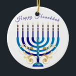 Happy Hanukkah menorah gelbe Goldkerzen Keramik Ornament<br><div class="desc">handentworfen Happy Hanukkah blau und gelb Menorah Ornament. Passen Sie die Nachricht an.</div>