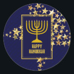 HAPPY HANUKKAH | Menorah | Gold Stars | NAVY BLUE Runder Aufkleber<br><div class="desc">Stilvolle festliche HANUKKAH Aufkleber mit Imitaten goldenen Sternen. FERIENBLESSINGS erscheinen in subtilen Hintergrundmustern.</div>