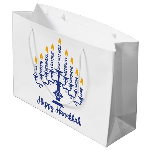 Happy Hanukkah Menorah Große Geschenktüte (Rückseite Schrägansicht)