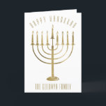 Happy Hanukkah Menorah Inside Foto Ferienkarte Feiertagskarte<br><div class="desc">Schicken Sie Ihren Lieben eine personalisierte Fotokarte in dieser Hanukka-Saison. Dieses Design verfügt über eine goldene Menorah auf der Vorderseite und die Nachricht lautet "Happy Hanukkah". Unter der Menorah ist ein Platz für Ihren Familiennamen, den Sie personalisieren oder entfernen können, wenn Sie möchten. Im Inneren der Karte gibt es ein...</div>