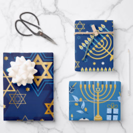 Happy Hanukkah Menorah Jewish Star Candles Geschenkpapier Set