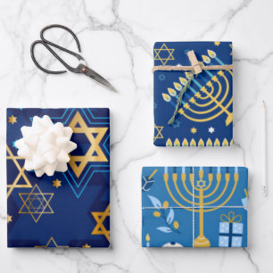 Happy Hanukkah Menorah Jewish Star Candles Geschenkpapier Set