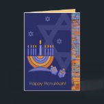 Happy Hanukkah. Menorah mit Dreidels Feiertagskarte<br><div class="desc">Happy Hanukkah. Menorah und Dreidels gestalten individuell anpassbare Grußkarten. Matching Karten und Geschenke verfügbar in der jüdischen Ferien / Hanukkah Kategorie unseres Stores.</div>