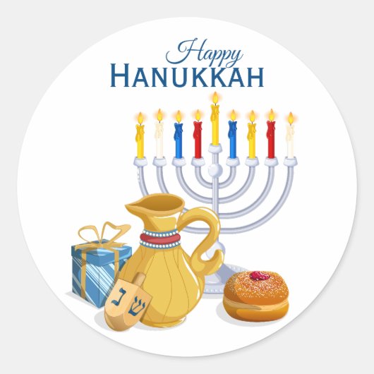 Happy Hanukkah Menorah Oil Pitcher Sufganiyot Runder Aufkleber (Vorderseite)