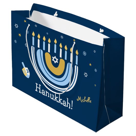 Happy Hanukkah Menorah Rainbow Große Geschenktüte (Rückseite Schrägansicht)