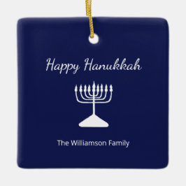 Happy Hanukkah Menorah Simple Blue White Keramikornament