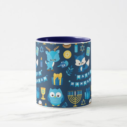 Happy Hanukkah Menorah Sufganiyot Niedlich Owl Blu Tasse (Zentrum)