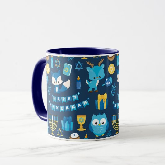 Happy Hanukkah Menorah Sufganiyot Niedlich Owl Blu Tasse (Vorderseite Links)