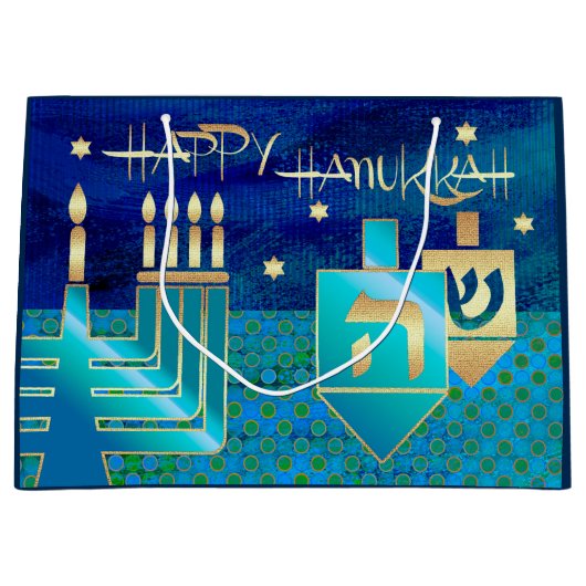 Happy Hanukkah. Menorah und Dreidels Große Geschenktüte (Vorderseite)