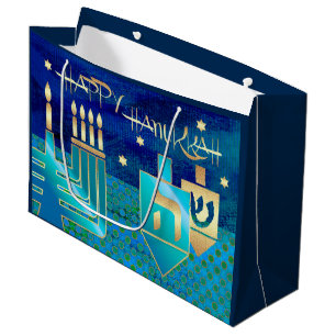 Happy Hanukkah. Menorah und Dreidels Große Geschenktüte