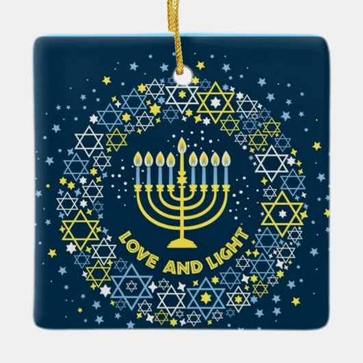 Happy Hanukkah Menorah und Dreidels Keramik Orname Keramikornament (Vorderseite)