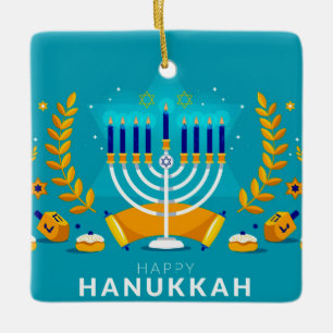 Happy Hanukkah Menorah und Dreidels Keramikornament