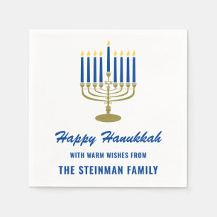 Happy Hanukkah Menorah White Blue Gold Familiennam Serviette