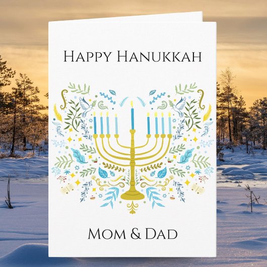 Happy Hanukkah Menorah with Flowers Mom & Dad Karte