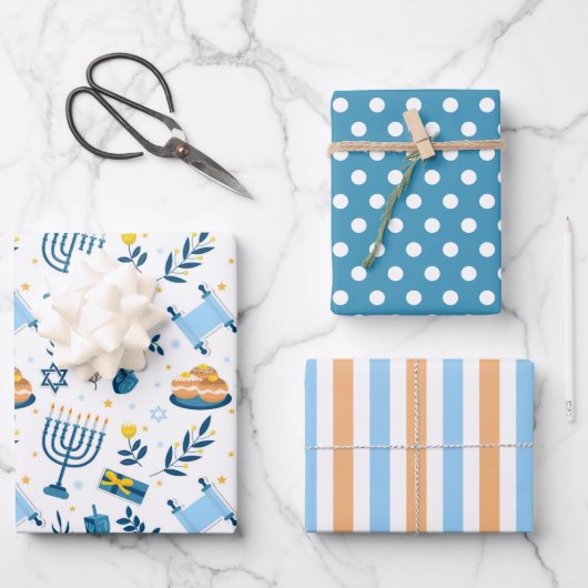 Happy Hanukkah Menorah Wrapping Paper Set 3 Geschenkpapier Set (Vorderseite)