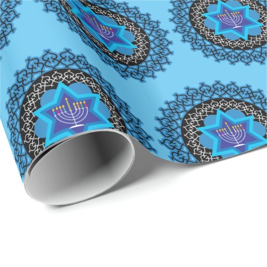 Happy Hanukkah mit menorah blauen Wrapping Paper Geschenkpapier (Rolleneckpunkt)