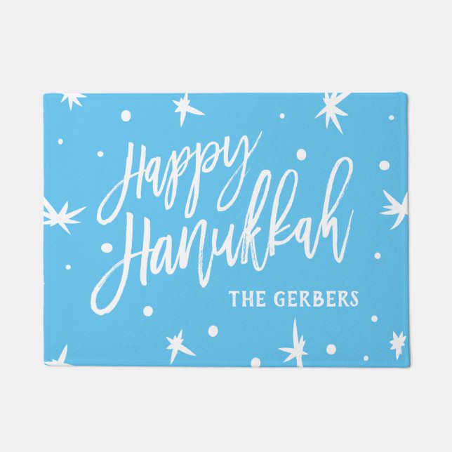 Happy Hanukkah Modern Script Individuelle Name Fußmatte (Vorderseite)