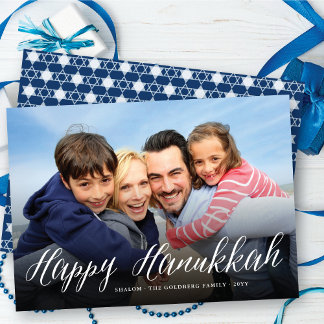 Happy Hanukkah Modern Trendy White Script Foto Feiertagskarte