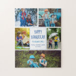 Happy Hanukkah Moderne FotoCollage Niedlich Custom Puzzle<br><div class="desc">Dieses niedliche und trendige Happy Hanukkah-Puzzle besticht durch ein modernes Layout von 5 Fotos auf weißem Hintergrund mit blauer Typografie. Dieses wunderschöne jüdische Foto-Urlaubsstipendium beinhaltet Ihre eigene Fotocollage rund um Ihre Nachricht und Ihren Familiennamen.</div>