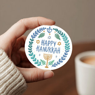 HAPPY HANUKKAH Moderne handGezeichnet Niedliche Wh Runder Aufkleber