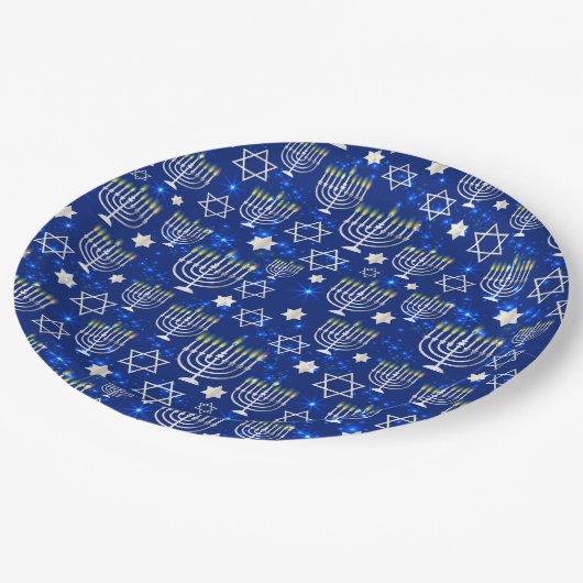 Happy Hanukkah Moderne Star von David Menorah Pappteller (Schrägansicht)