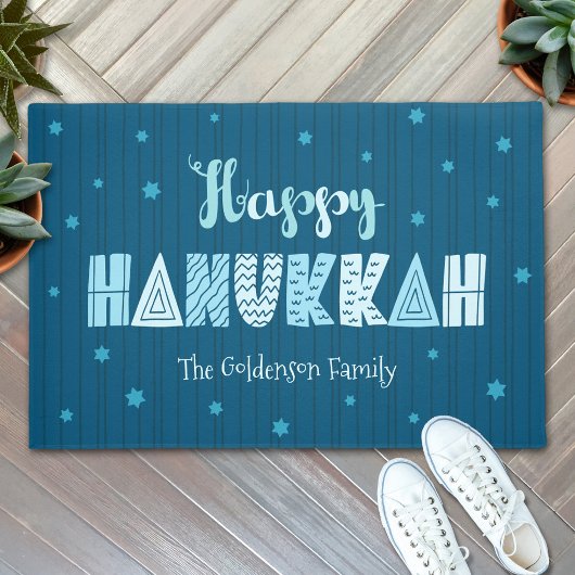 Happy Hanukkah Moderne Whimsikale Typografie Aquam Fußmatte