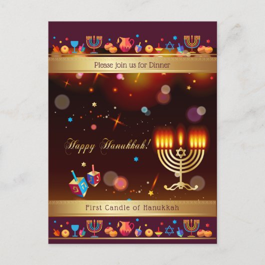 Happy Hanukkah Party Gold Hanukkiah Einladungspostkarte (Vorderseite)