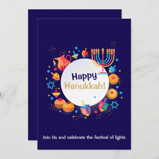 Happy Hanukkah Party Jüdischer Urlaub Gold Menorah Einladung (Vorne/Hinten)