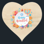 Happy Hanukkah Party Schöne Dekoration Herz-Aufkleber<br><div class="desc">Happy Hanukkah Party Schöne Dekoration,  jüdischer Urlaub,  klassischer Rundaufkleber. Jüdische Holiday Hanukkah Hintergrund mit traditionellen Chanukah-Symbole - Holzdreigel (Spinnen top),  Donuts,  Menorah,  Kerzen,  Stern von David und Glühlicht Alte Papier Textur Tapete Vintage Muster. Hanukkah Festival Event Dekoration. Jerusalem,  Israel. Party- und Handwerksartikel > Geschenkartikel > Aufkleber und Etiketten</div>