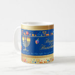 Happy Hanukkah Party Schöne Dekoration Kaffeetasse<br><div class="desc">Happy Hanukkah Party Schöne Dekoration, jüdischer Urlaub, Kaffee Tasse. Jüdischer Holiday Hanukkah Hintergrund mit traditionellen Chanukah-Symbole - Holzdreigel (Kreisel), Donuts, Gold Menorah, Kerzen, Stern von David und leuchtende Licht Wallpaper Muster. Hanukkah Festival Event Dekoration. Jerusalem, Israel. Zuhause > Küche & Essen > Trinkbehälter > Tasse & Cups. Entwerfen mit Textvorlage....</div>