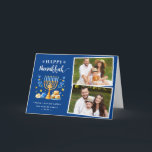 Happy Hanukkah Peace Liebe Latkes Blue 2 Foto Feiertagskarte<br><div class="desc">Senden Sie Ihre Wünsche mit dieser Foto-Ferienkarte,  die ein Hanukkah-Script und Watercolor-jüdische Feiertage-Symbole enthält,  um Ihre Begrüßungsbotschaft zu markieren.</div>
