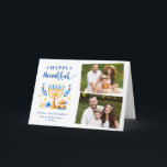 Happy Hanukkah Peace Liebe Latkes Festivals 2 Foto Feiertagskarte<br><div class="desc">Senden Sie Ihre Wünsche mit dieser Foto-Ferienkarte,  die ein Hanukkah-Script und Watercolor-jüdische Feiertage-Symbole enthält,  um Ihre Begrüßungsbotschaft zu markieren.</div>