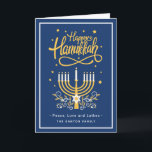 Happy Hanukkah Peace Liebe Latkes Modern Blue Feiertagskarte<br><div class="desc">Senden Sie Ihre Wünsche mit dieser Holiday Card,  die ein Atemberaubendes Happy Hanukkah Script und Symbol enthält,  um Ihre Grußbotschaft zu markieren.</div>