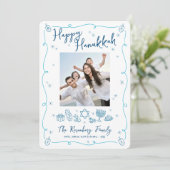 Happy Hanukkah Photo Whimsical Hand Drawn Doodles Feiertagskarte (Stehend Vorderseite)