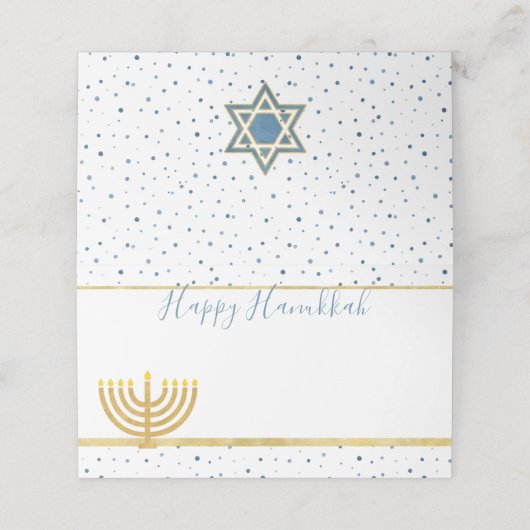 Happy Hanukkah Platzkarten Blue & Gold Muster (Außenseite Aufgefaltet)