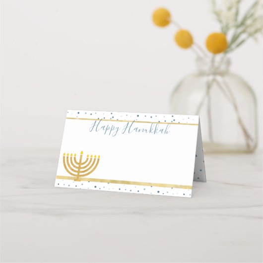 Happy Hanukkah Platzkarten Blue & Gold Muster (Vorderseite)