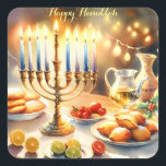 Happy Hanukkah Quadratischer Aufkleber<br><div class="desc">Hanukkah Aquarellbild. Ein wunderschön gestaltetes Set für eine festliche Feier mit einer traditionellen Menorah mit Kerzen. Das weiche,  warme Licht,  die Dekoration der Ferien verleiht dem Ganzen eine Touch Beifall. Warme Lichter schaffen eine gemütliche und einladende Atmosphäre.</div>