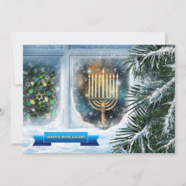 Happy Hanukkah. Schneefenster mit Menorah Feiertagskarte