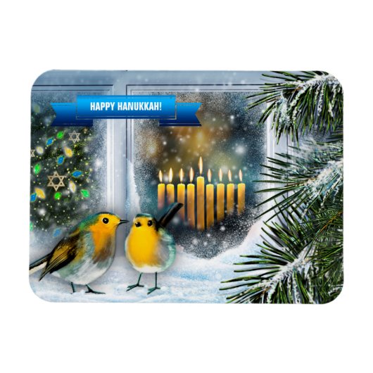 Happy Hanukkah. Schneefenster mit Menorah Magnet (Horizontal)