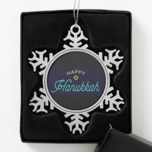 Happy Hanukkah Schneeflocken Zinn-Ornament